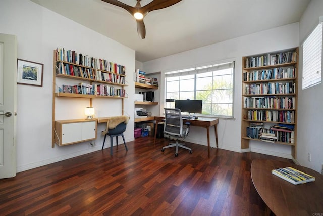 home office with baseboards, a ceiling fan, and wood finished floors