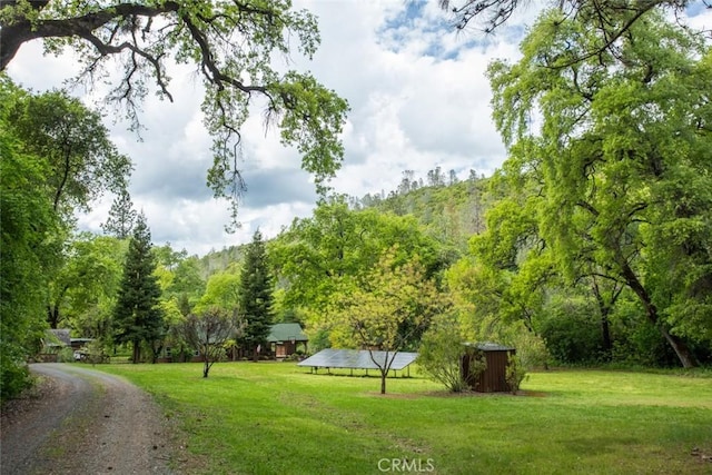 surrounding community featuring an outbuilding, a lawn, and a wooded view