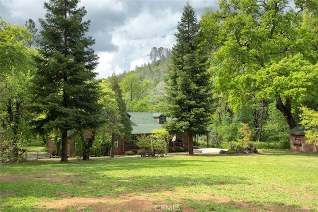 view of yard with a view of trees