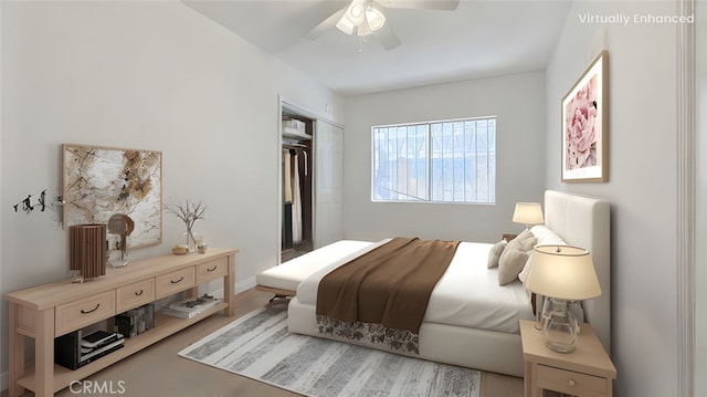 bedroom with a closet, baseboards, and ceiling fan