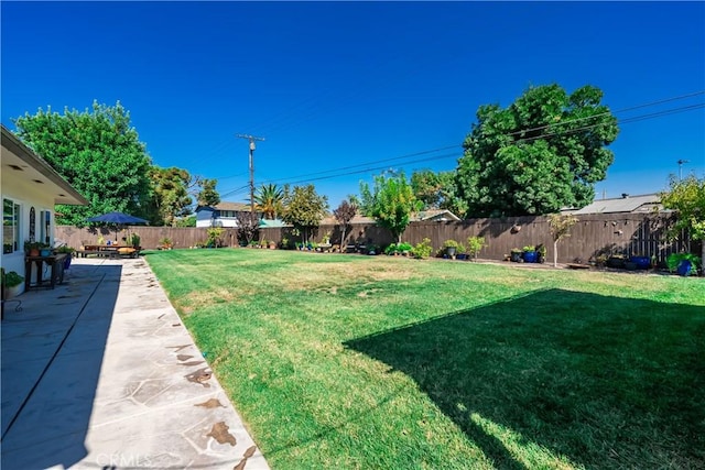 view of yard with a patio and a fenced backyard