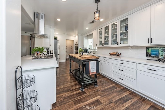 kitchen featuring white cabinets, visible vents, stainless steel appliances, and island range hood