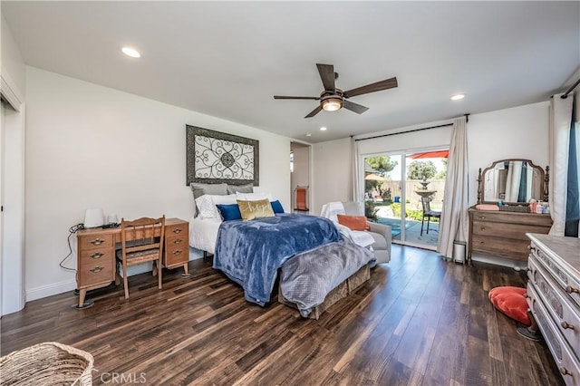 bedroom with dark wood-style floors, baseboards, recessed lighting, ceiling fan, and access to exterior