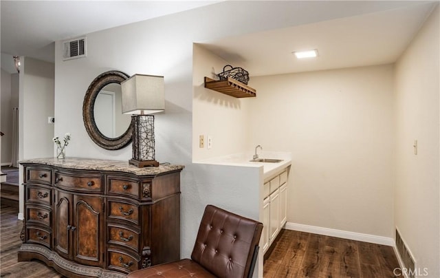 interior space with visible vents, vanity, and wood finished floors