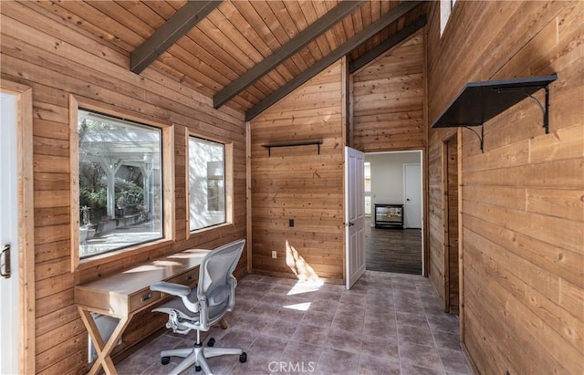 unfurnished office featuring wooden ceiling, beamed ceiling, wood walls, and high vaulted ceiling