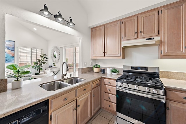 kitchen with stainless steel range with gas cooktop, a sink, light countertops, black dishwasher, and under cabinet range hood