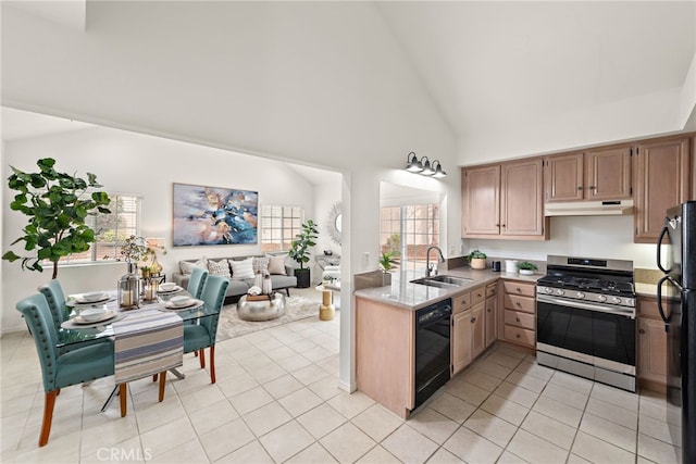 kitchen with under cabinet range hood, open floor plan, high vaulted ceiling, black appliances, and a sink