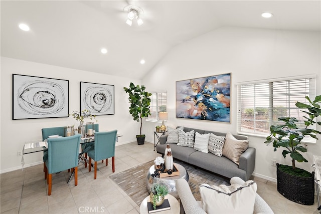 living room with vaulted ceiling, light tile patterned floors, recessed lighting, and baseboards