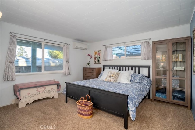 bedroom with multiple windows, an AC wall unit, and carpet flooring