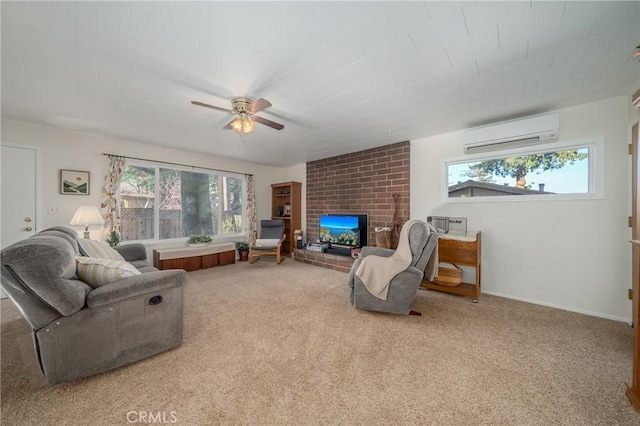 living area with a fireplace, a ceiling fan, a wall unit AC, and carpet floors