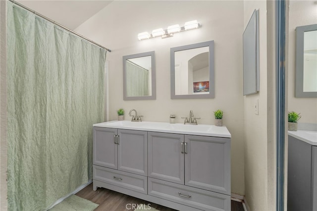 bathroom with double vanity, wood finished floors, and a sink