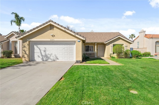 single story home with stucco siding, a tile roof, concrete driveway, a front yard, and an attached garage