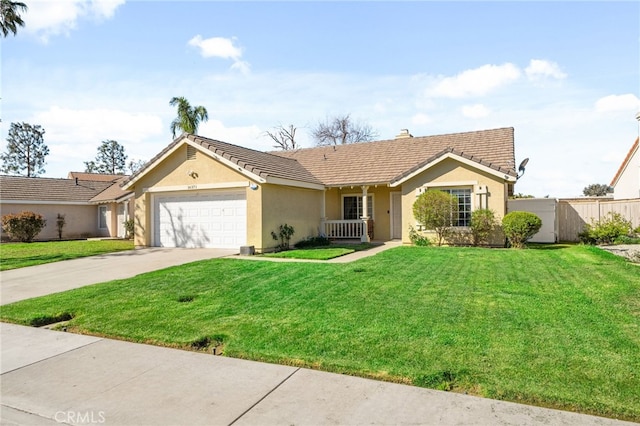 single story home with a front yard, fence, stucco siding, concrete driveway, and a garage