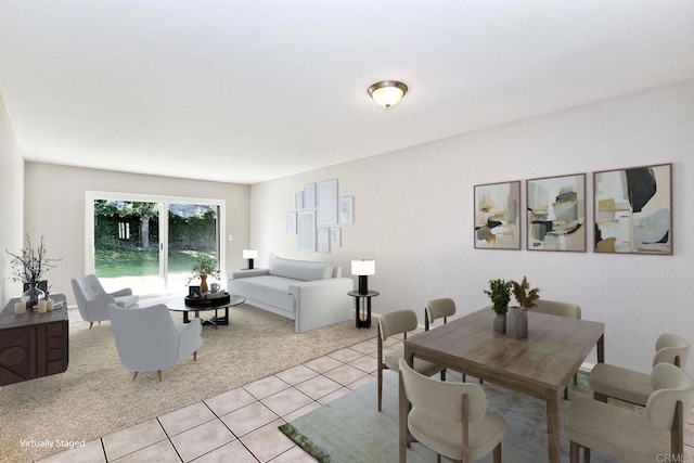 dining area featuring light tile patterned floors and light colored carpet