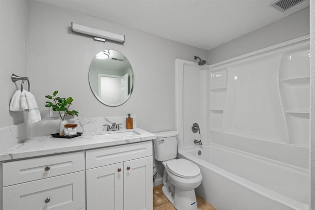 full bath with visible vents, toilet,  shower combination, and vanity