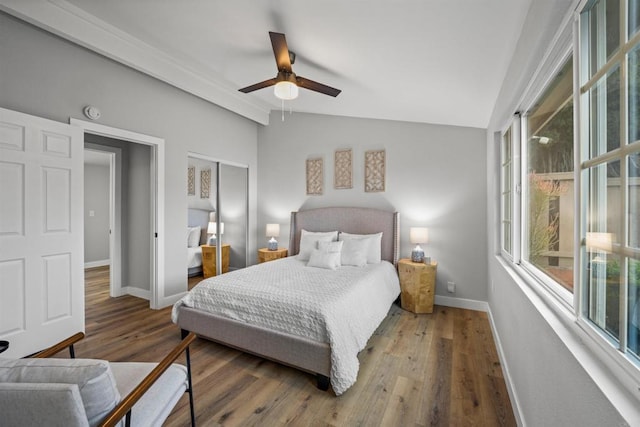 bedroom featuring multiple windows, lofted ceiling, and wood finished floors