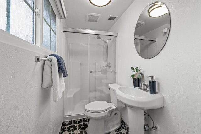 full bathroom with visible vents, a stall shower, and toilet