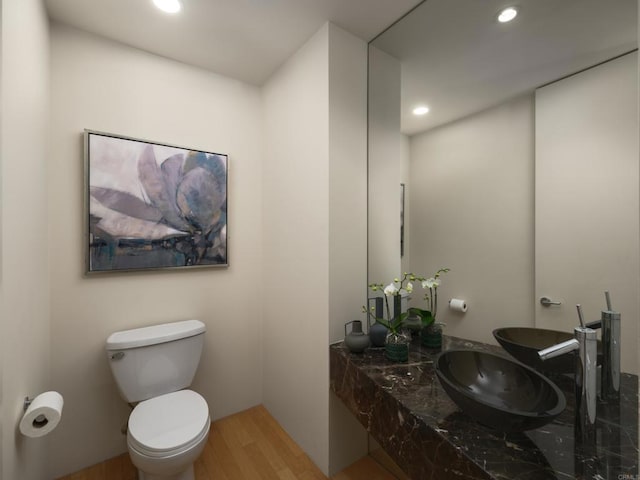 half bath featuring recessed lighting, toilet, wood finished floors, and a sink