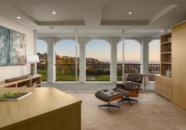 living area featuring recessed lighting, a raised ceiling, carpet, and floor to ceiling windows