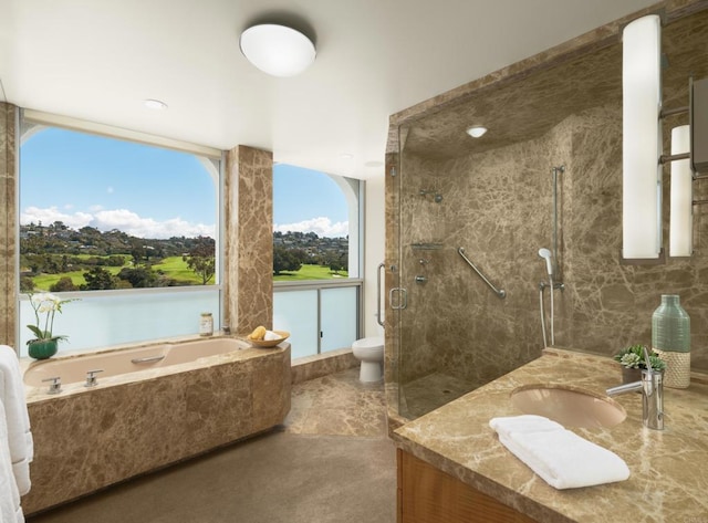 bathroom with a bath, a shower stall, toilet, and vanity