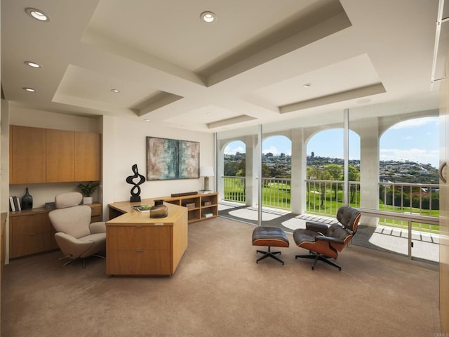 living area with light carpet, plenty of natural light, and recessed lighting