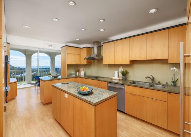 1001 Genter St Unit 9Ab, La Jolla, CA 92037 - kitchen with stainless steel dishwasher, wall chimney exhaust hood, light wood-type flooring, a kitchen island, and a peninsula