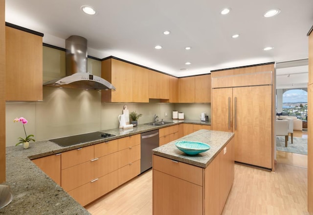 1001 Genter St Unit 9Ab, La Jolla, CA 92037 - kitchen featuring wall chimney range hood, stainless steel dishwasher, modern cabinets, and recessed lighting