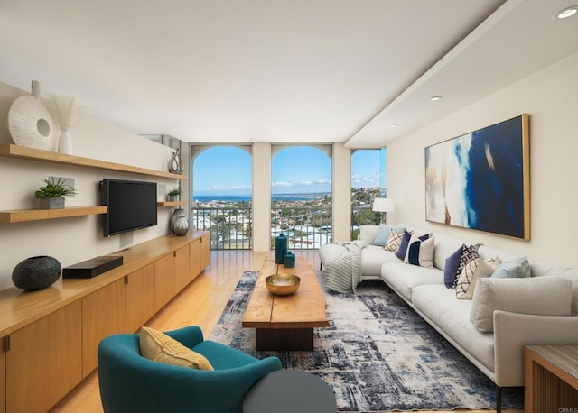 1001 Genter St Unit 9Ab, La Jolla, CA 92037 - living area with light wood-style floors, floor to ceiling windows, and recessed lighting
