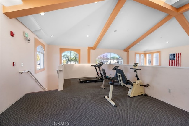 workout area featuring lofted ceiling and recessed lighting