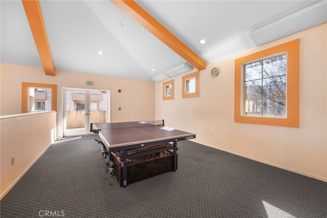 game room featuring lofted ceiling with beams, french doors, recessed lighting, and carpet flooring