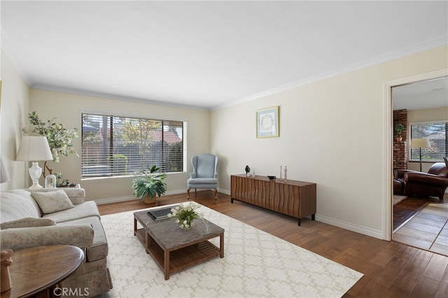 living room with wood finished floors, baseboards, and ornamental molding