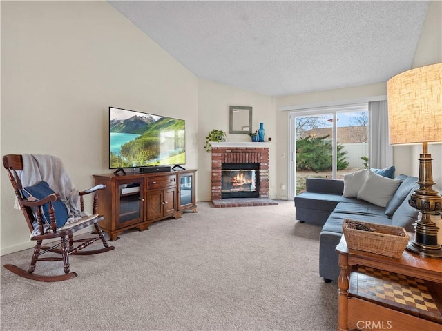 carpeted living area with lofted ceiling, a brick fireplace, baseboards, and a textured ceiling