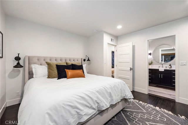 bedroom with visible vents, recessed lighting, dark wood-type flooring, and baseboards