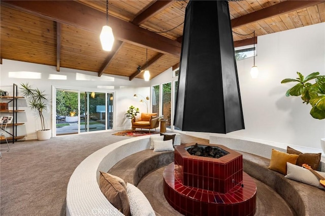 carpeted living room with beamed ceiling, baseboards, high vaulted ceiling, and wood ceiling