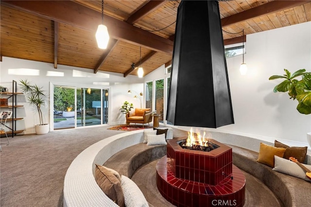 sunken living room with baseboards, carpet floors, high vaulted ceiling, beam ceiling, and wooden ceiling