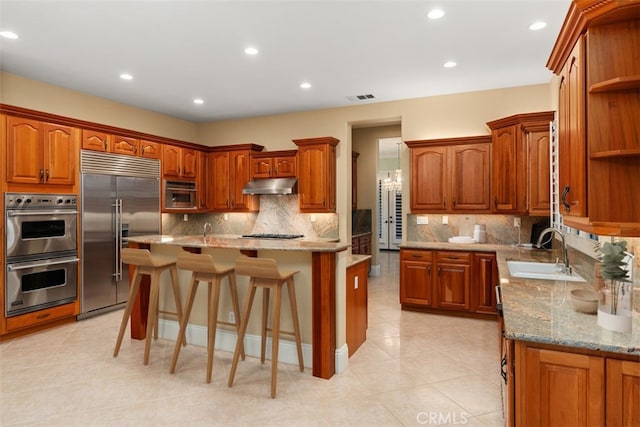 kitchen featuring light stone countertops, visible vents, a sink, under cabinet range hood, and appliances with stainless steel finishes