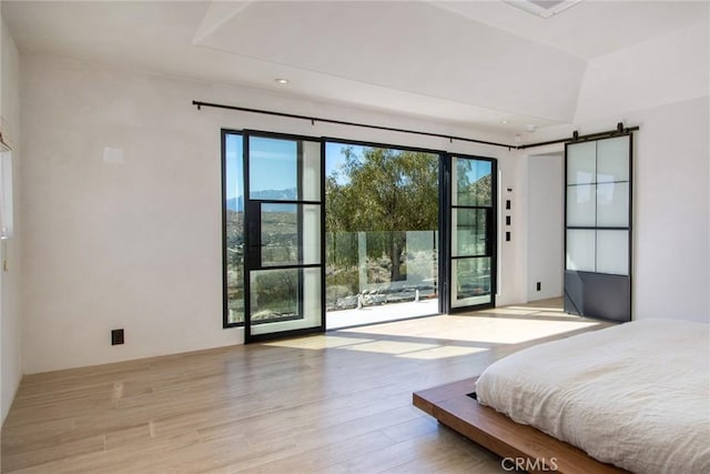 bedroom featuring access to exterior, multiple windows, and light wood finished floors