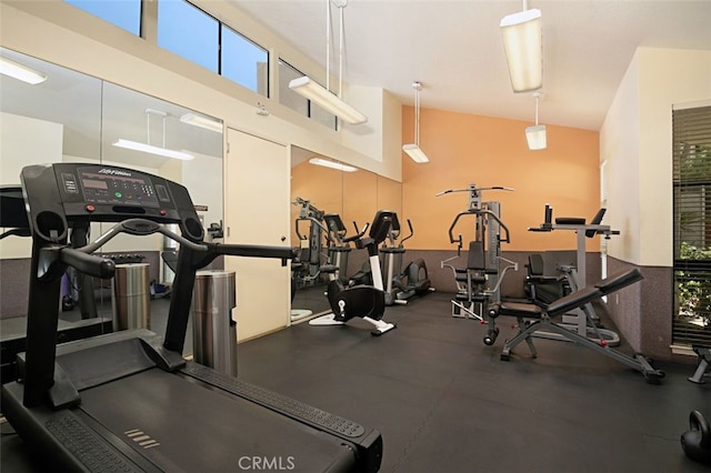 workout area featuring a high ceiling