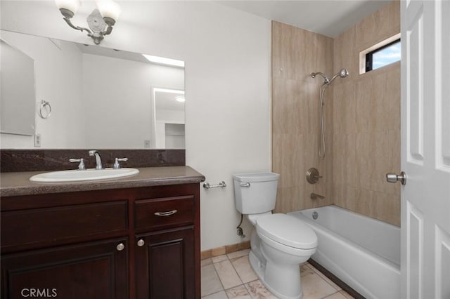 bathroom with tile patterned flooring, baseboards, toilet, bathtub / shower combination, and vanity