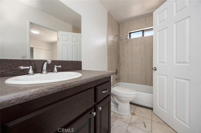 full bath featuring shower / bathing tub combination, toilet, marble finish floor, and vanity