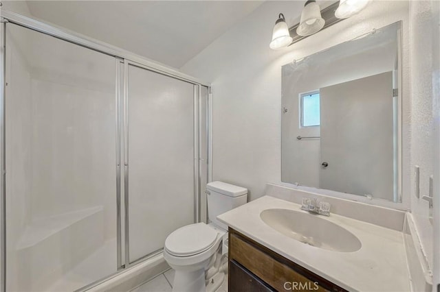 full bath with a shower stall, toilet, and vanity