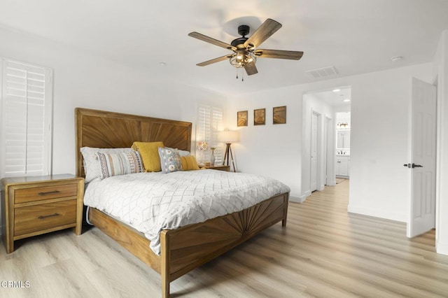 3012 Dunkirk Dr, Oxnard, CA 93035 - bedroom featuring a ceiling fan, baseboards, visible vents, and light wood-type flooring