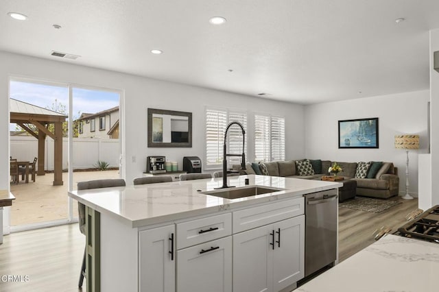 3012 Dunkirk Dr, Oxnard, CA 93035 - kitchen featuring visible vents, a sink, stainless steel dishwasher, open floor plan, and a healthy amount of sunlight