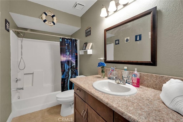 bathroom with vanity, visible vents, tile patterned flooring, shower / tub combo, and toilet