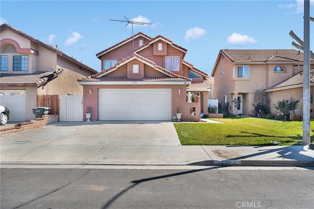 view of front of property featuring stucco siding, a front lawn, driveway, fence, and a tiled roof