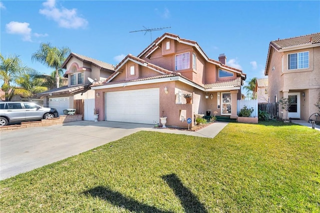 view of front of property with a front lawn, fence, a tiled roof, stucco siding, and driveway