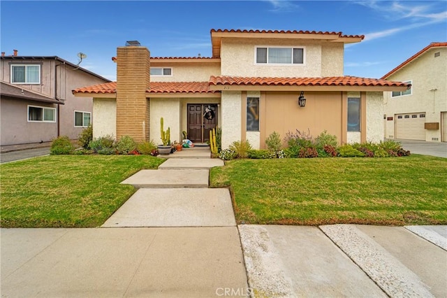 view of front of home with a front yard, stucco siding, a garage, and a chimney