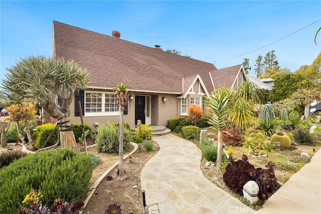 tudor home with stucco siding and roof with shingles