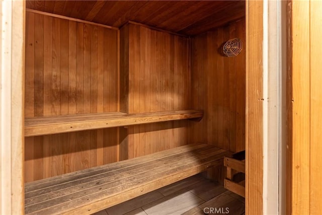 view of sauna with wood finished floors