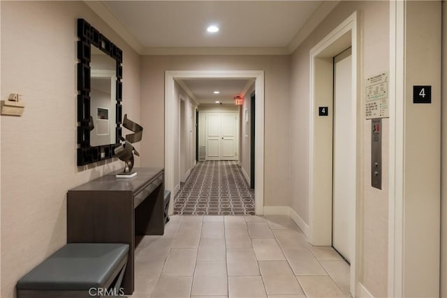 hallway featuring light tile patterned floors, baseboards, ornamental molding, and recessed lighting